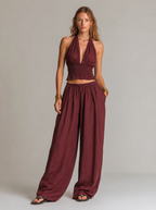 Women's Casual Brick-Red Cotton-Linen Sleeveless Cropped Top And Trousers Set MDZ1416D0LXY