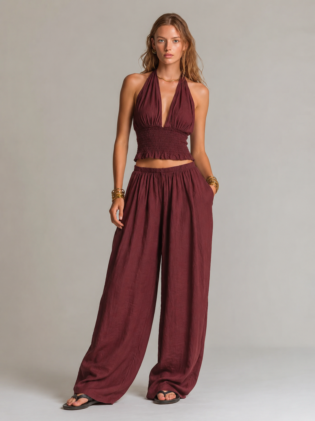 Women's Casual Brick-Red Cotton-Linen Sleeveless Cropped Top And Trousers Set MDZ1416D0LXY