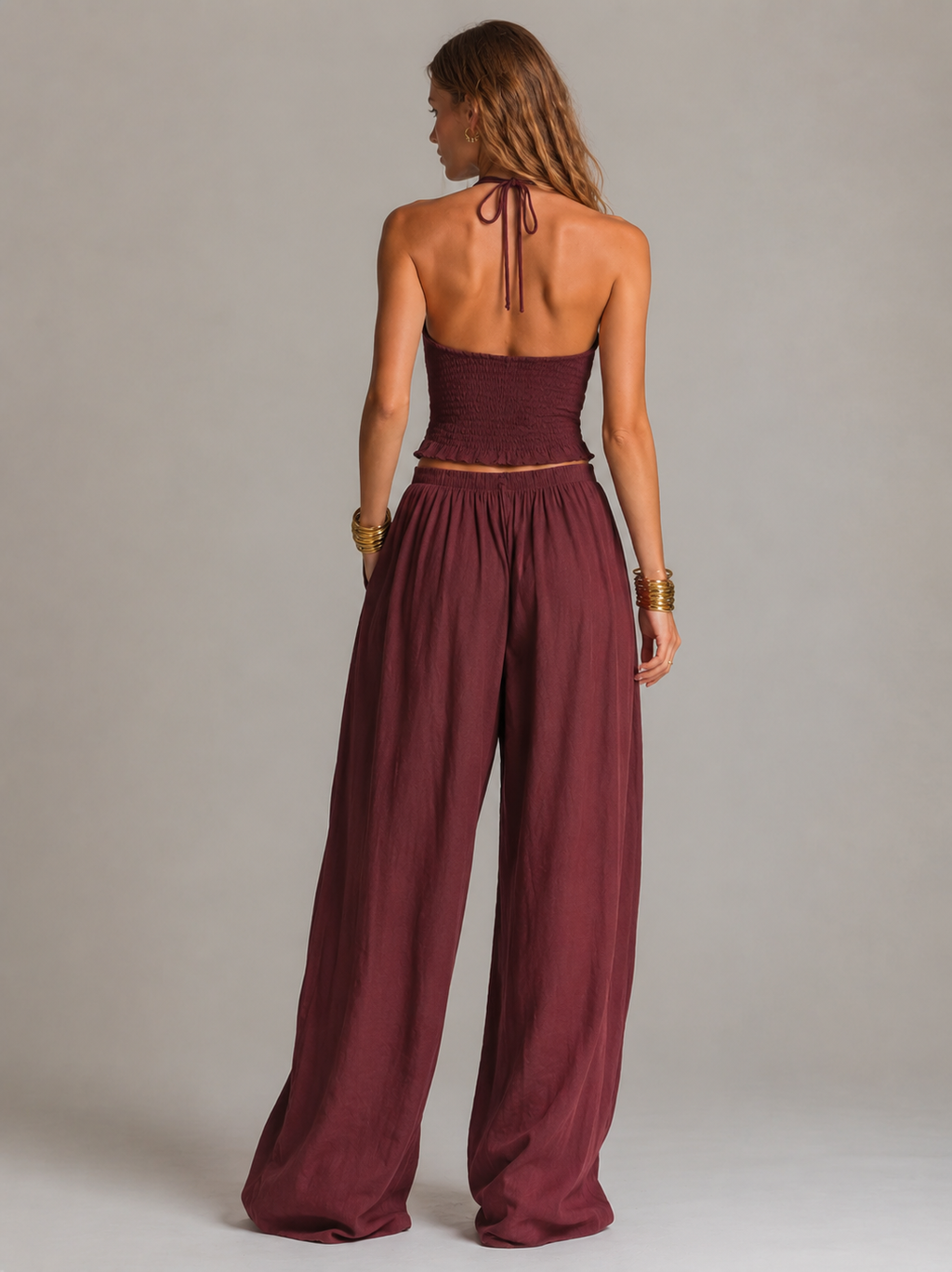 Women's Casual Brick-Red Cotton-Linen Sleeveless Cropped Top And Trousers Set MDZ1416D0LXY
