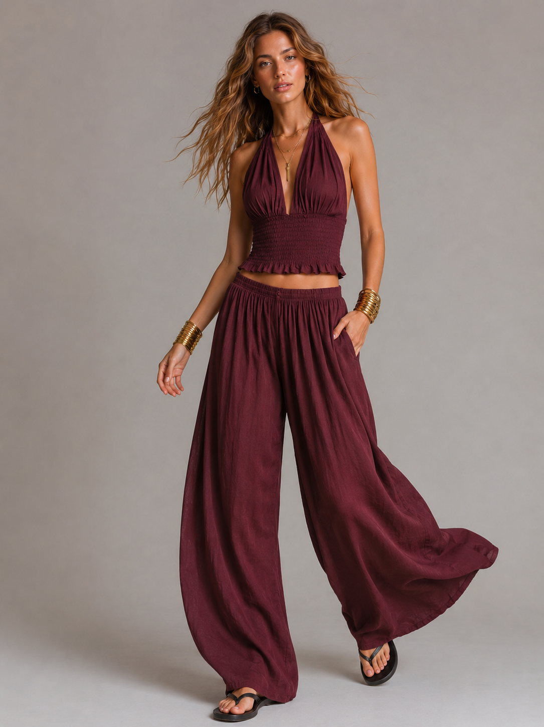 Women's Casual Brick-Red Cotton-Linen Sleeveless Cropped Top And Trousers Set MDZ1416D0LXY