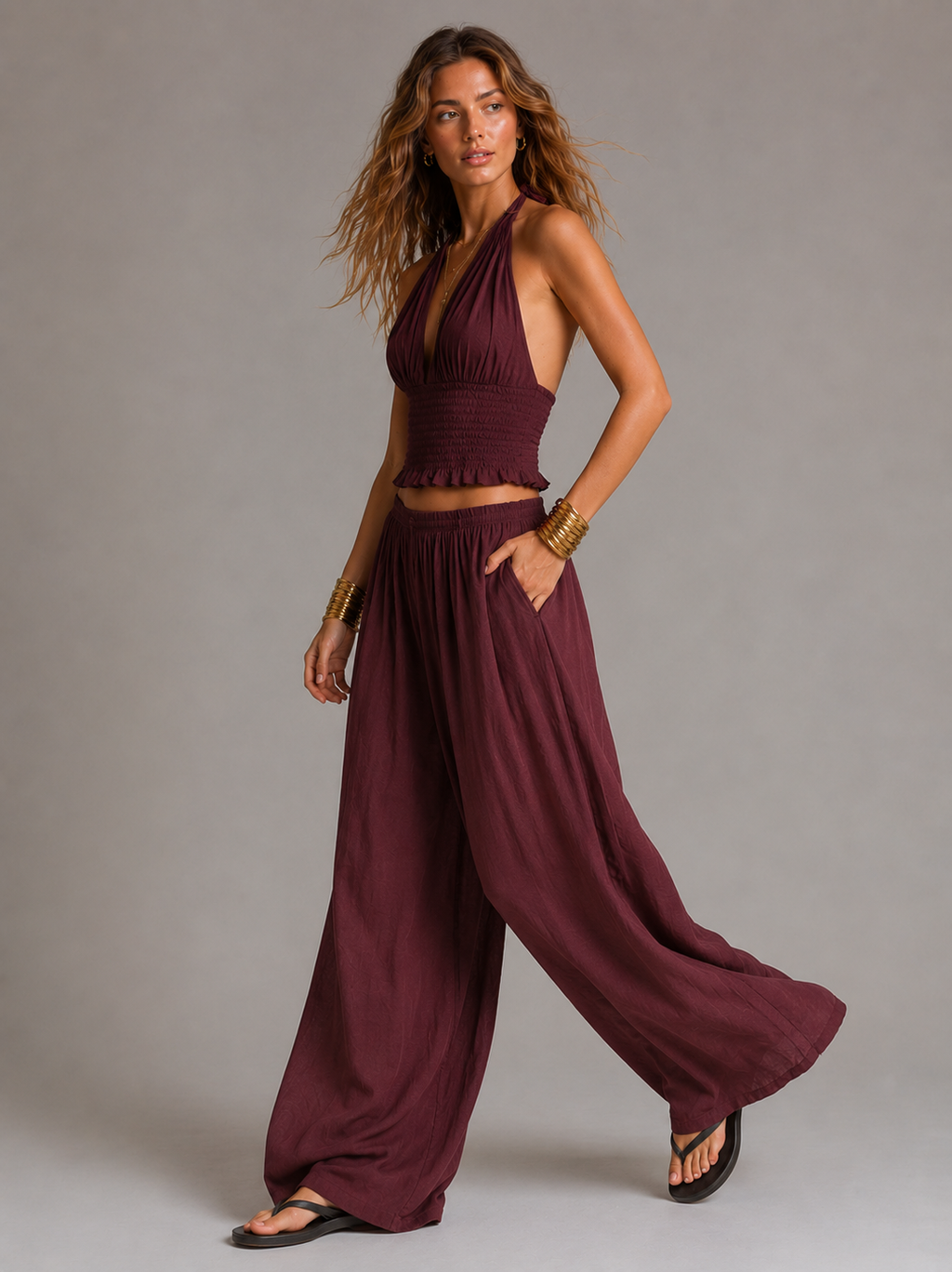 Women's Casual Brick-Red Cotton-Linen Sleeveless Cropped Top And Trousers Set MDZ1416D0LXY