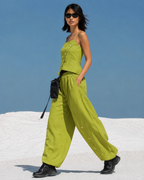 Women's Olive Green Parachute Nylon Two-Piece Set With Asymmetric Top & Cargo Wide-Leg Pants, Modern Streetwear-Edgy Style Set MDZ1429D0LYL