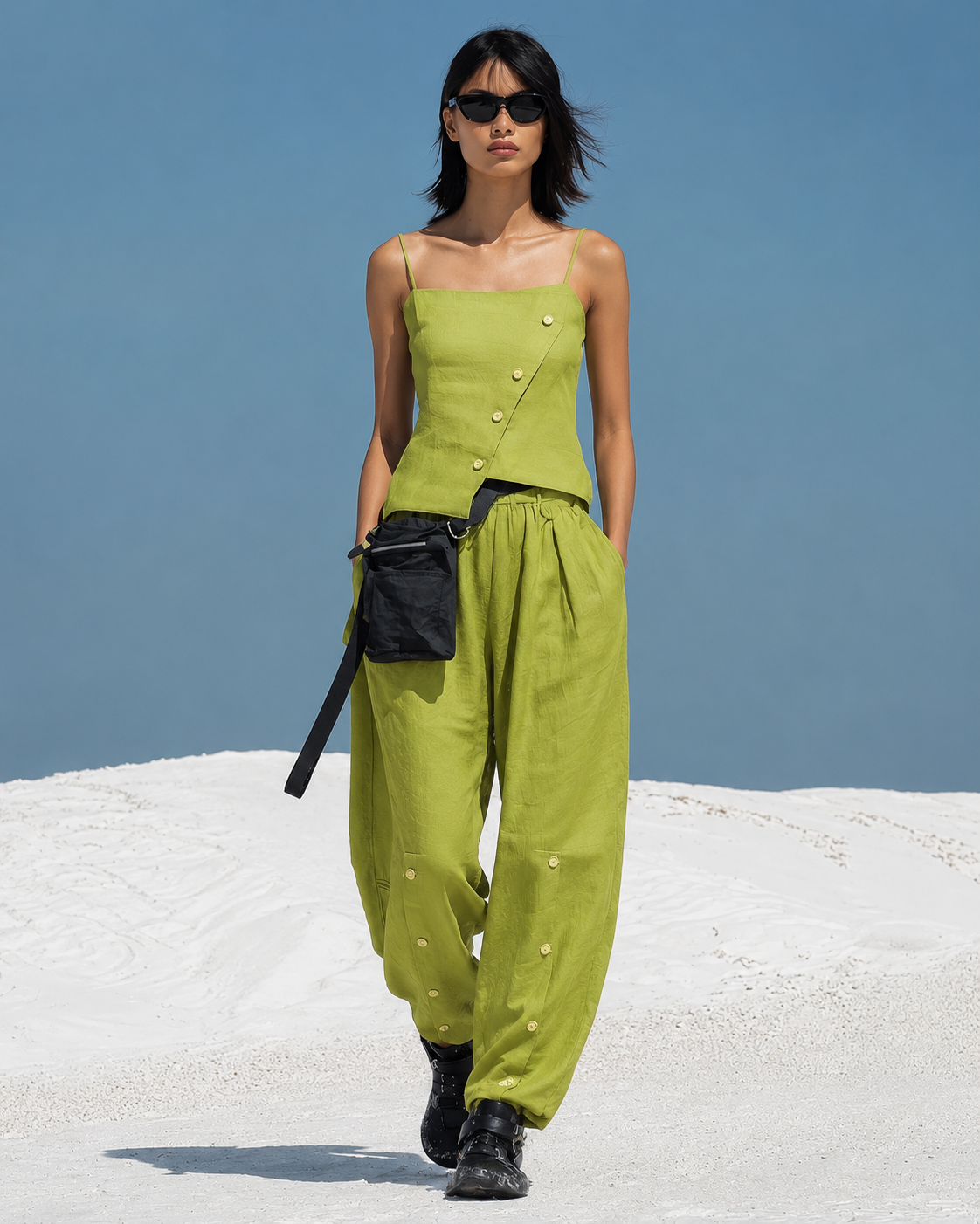 Women's Olive Green Parachute Nylon Two-Piece Set With Asymmetric Top & Cargo Wide-Leg Pants, Modern Streetwear-Edgy Style Set MDZ1429D0LYL