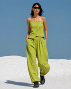 Women's Olive Green Parachute Nylon Two-Piece Set With Asymmetric Top & Cargo Wide-Leg Pants, Modern Streetwear-Edgy Style Set MDZ1429D0LYL
