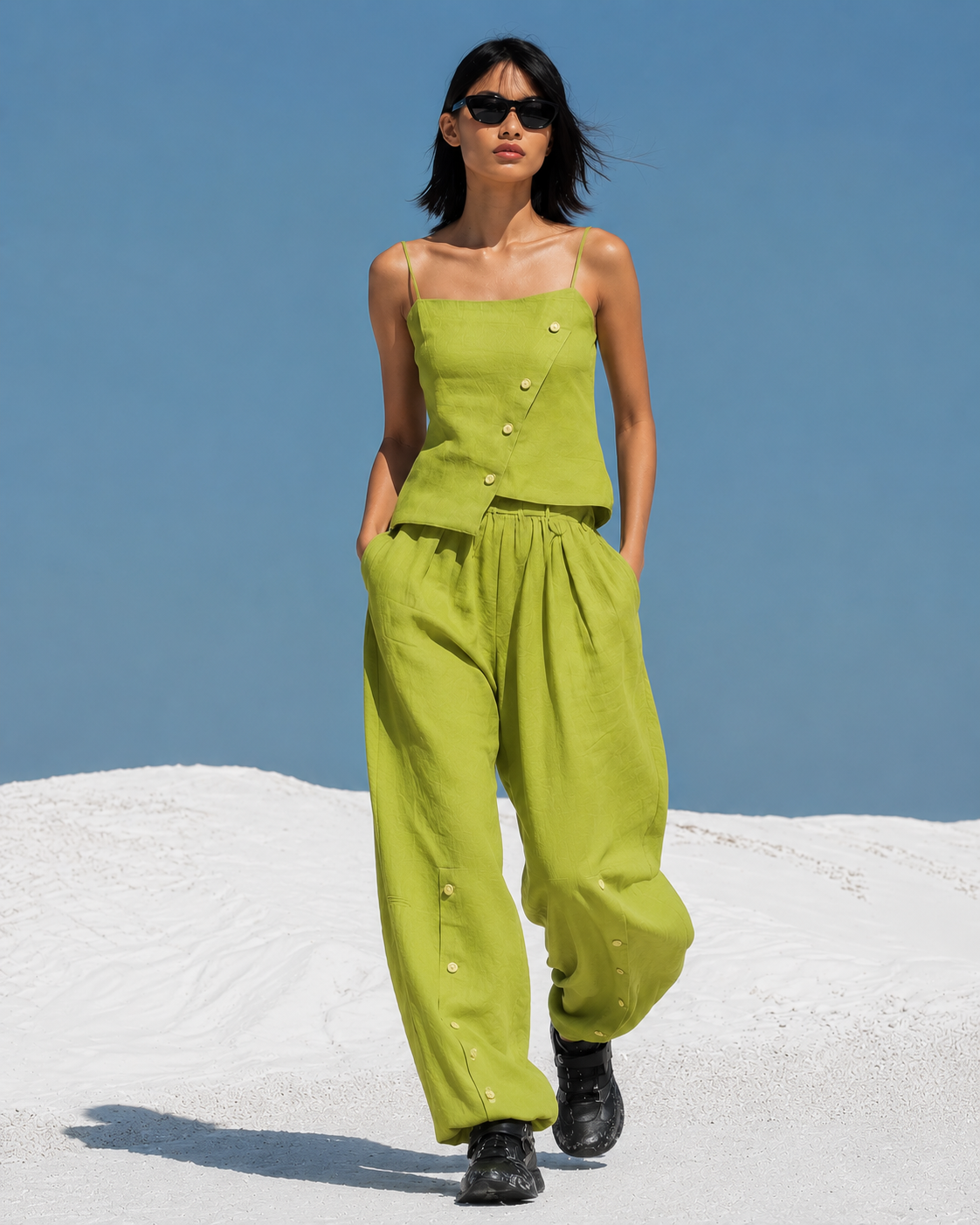 Women's Olive Green Parachute Nylon Two-Piece Set With Asymmetric Top & Cargo Wide-Leg Pants, Modern Streetwear-Edgy Style Set MDZ1429D0LYL