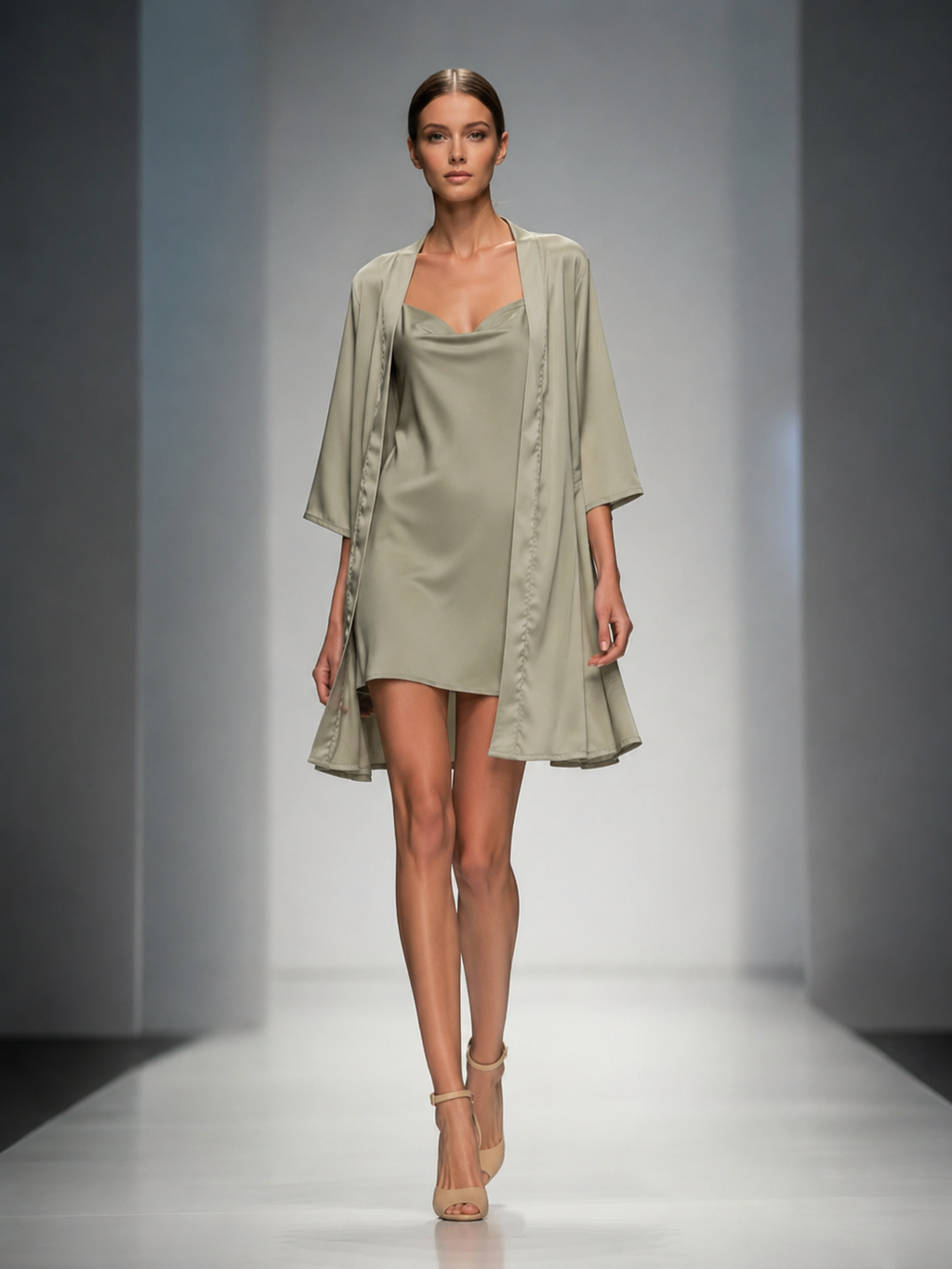 Women's Sage Green Sheer Chiffon Mini Dress With Square Neck & Relaxed Fit, Modern Feminine-Elegant Style Dress MDZ1342D3LYL