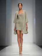 Women's Sage Green Sheer Chiffon Mini Dress With Square Neck & Relaxed Fit, Modern Feminine-Elegant Style Dress MDZ1342D3LYL