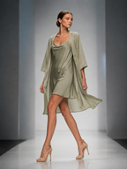 Women's Sage Green Sheer Chiffon Mini Dress With Square Neck & Relaxed Fit, Modern Feminine-Elegant Style Dress MDZ1342D3LYL