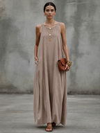 Khaki Linen Spaghetti Strap Embroidered Long Dress