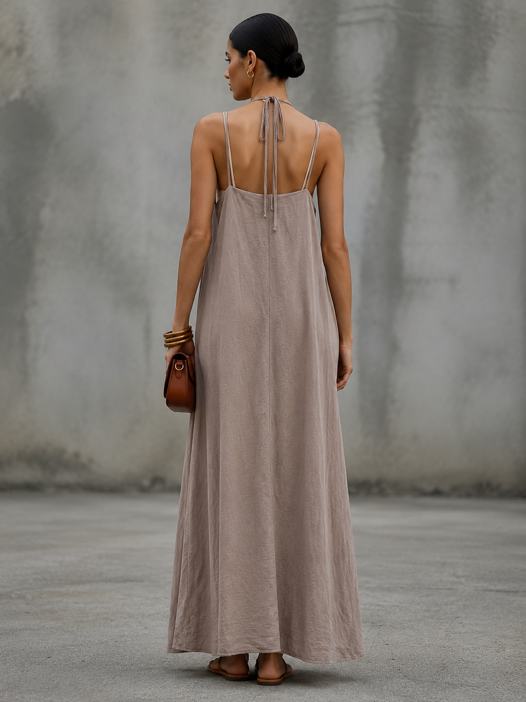 Khaki Linen Spaghetti Strap Embroidered Long Dress