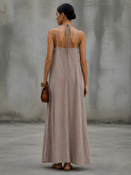 Khaki Linen Spaghetti Strap Embroidered Long Dress