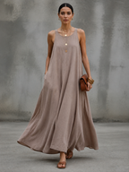Khaki Linen Spaghetti Strap Embroidered Long Dress
