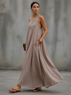 Khaki Linen Spaghetti Strap Embroidered Long Dress