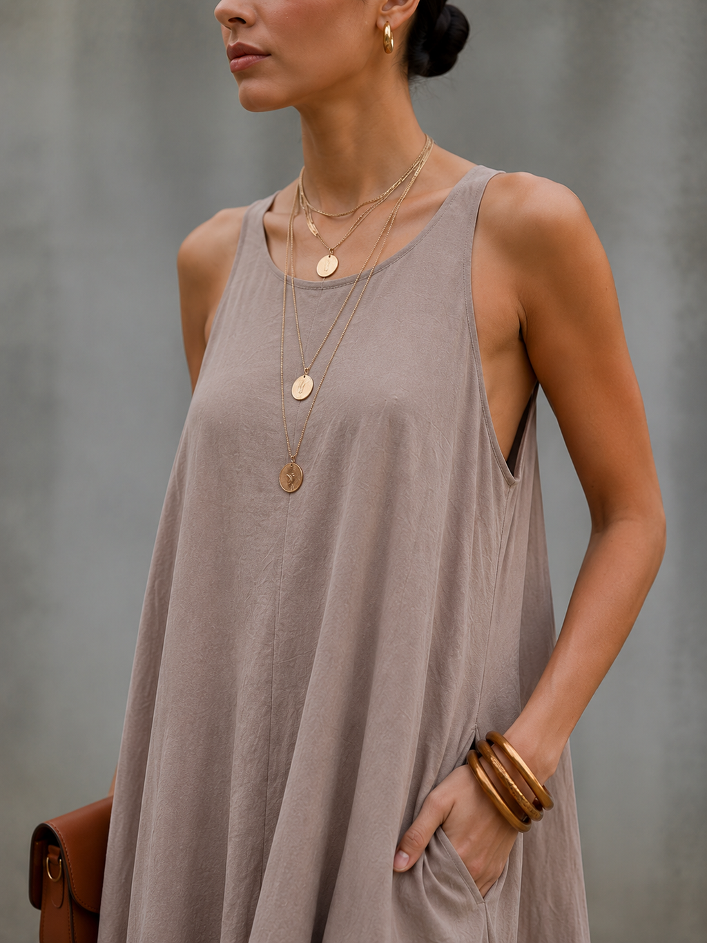 Khaki Linen Spaghetti Strap Embroidered Long Dress