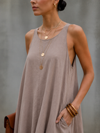Khaki Linen Spaghetti Strap Embroidered Long Dress
