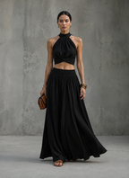Women's Casual Black Cotton-Linen Square-Neck Sleeveless Top And Long Skirt Set MDZ0831D3LXY