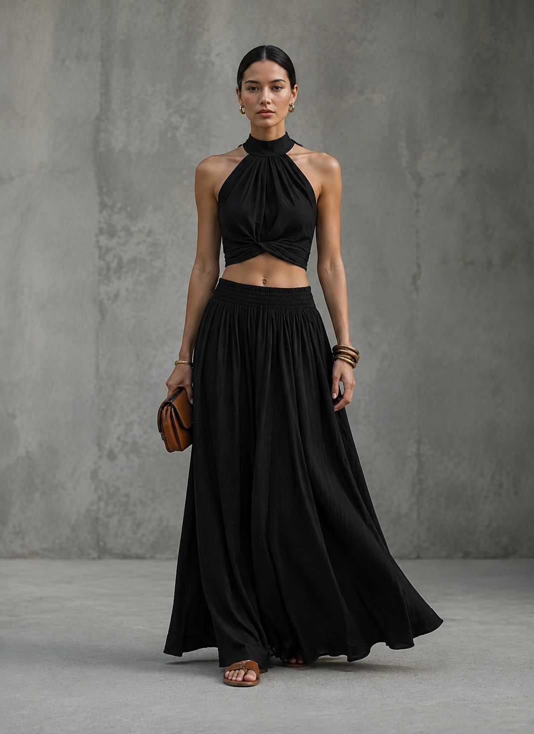 Women's Casual Black Cotton-Linen Square-Neck Sleeveless Top And Long Skirt Set MDZ0831D3LXY