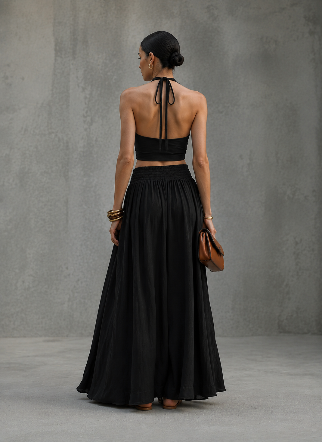 Women's Casual Black Cotton-Linen Square-Neck Sleeveless Top And Long Skirt Set MDZ0831D3LXY