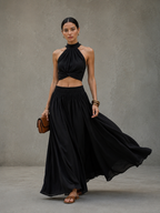 Women's Casual Black Cotton-Linen Square-Neck Sleeveless Top And Long Skirt Set MDZ0831D3LXY