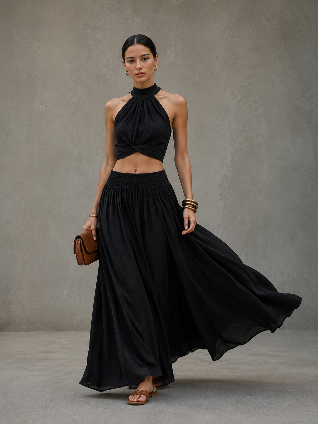 Women's Casual Black Cotton-Linen Square-Neck Sleeveless Top And Long Skirt Set MDZ0831D3LXY
