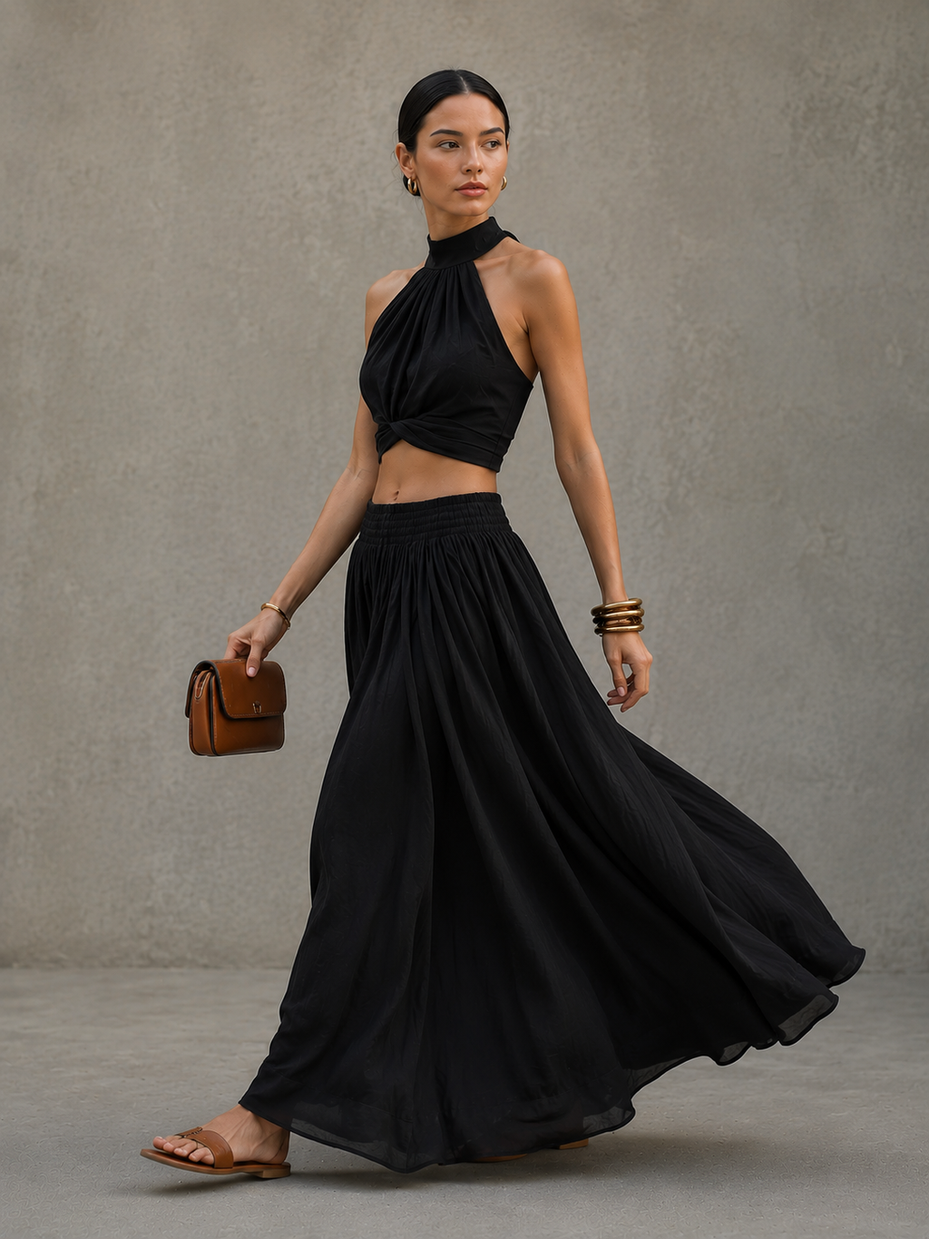 Women's Casual Black Cotton-Linen Square-Neck Sleeveless Top And Long Skirt Set MDZ0831D3LXY