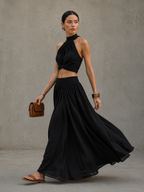 Women's Casual Black Cotton-Linen Square-Neck Sleeveless Top And Long Skirt Set MDZ0831D3LXY