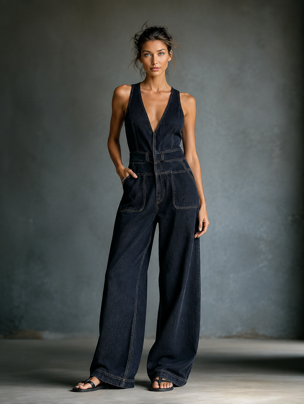 Women's Dark Blue Denim Overalls With Shoulder Straps MDA3014K1T