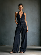 Women's Dark Blue Denim Overalls With Shoulder Straps MDA3014K1T