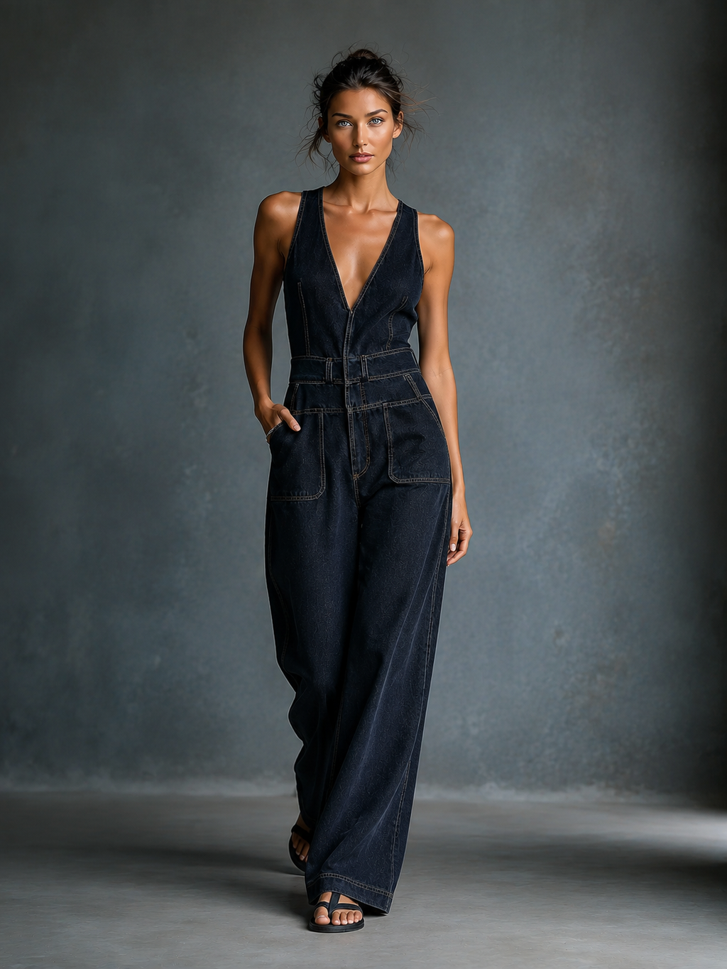 Women's Dark Blue Denim Overalls With Shoulder Straps MDA3014K1T