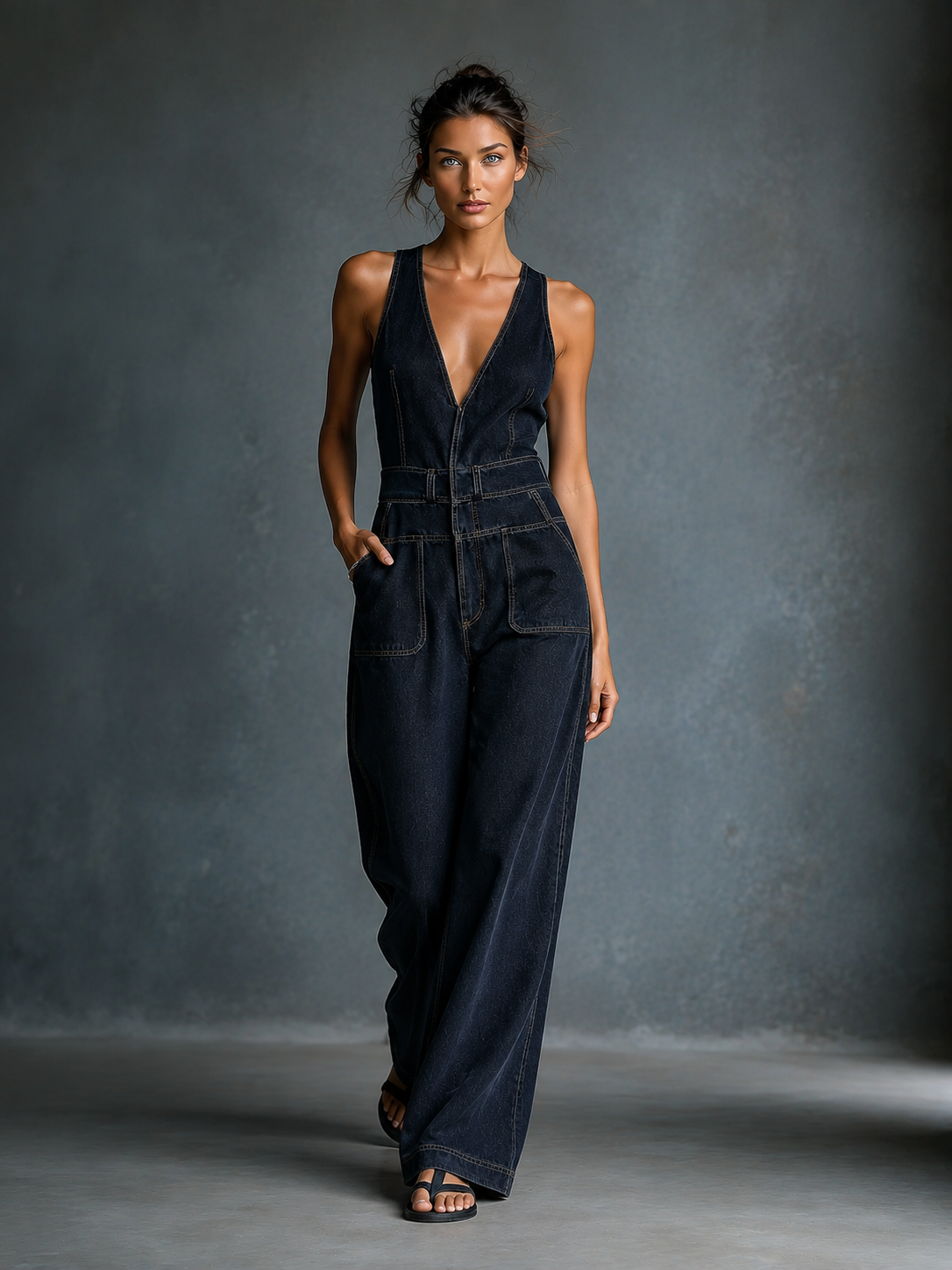 Women's Dark Blue Denim Overalls With Shoulder Straps MDA3014K1T