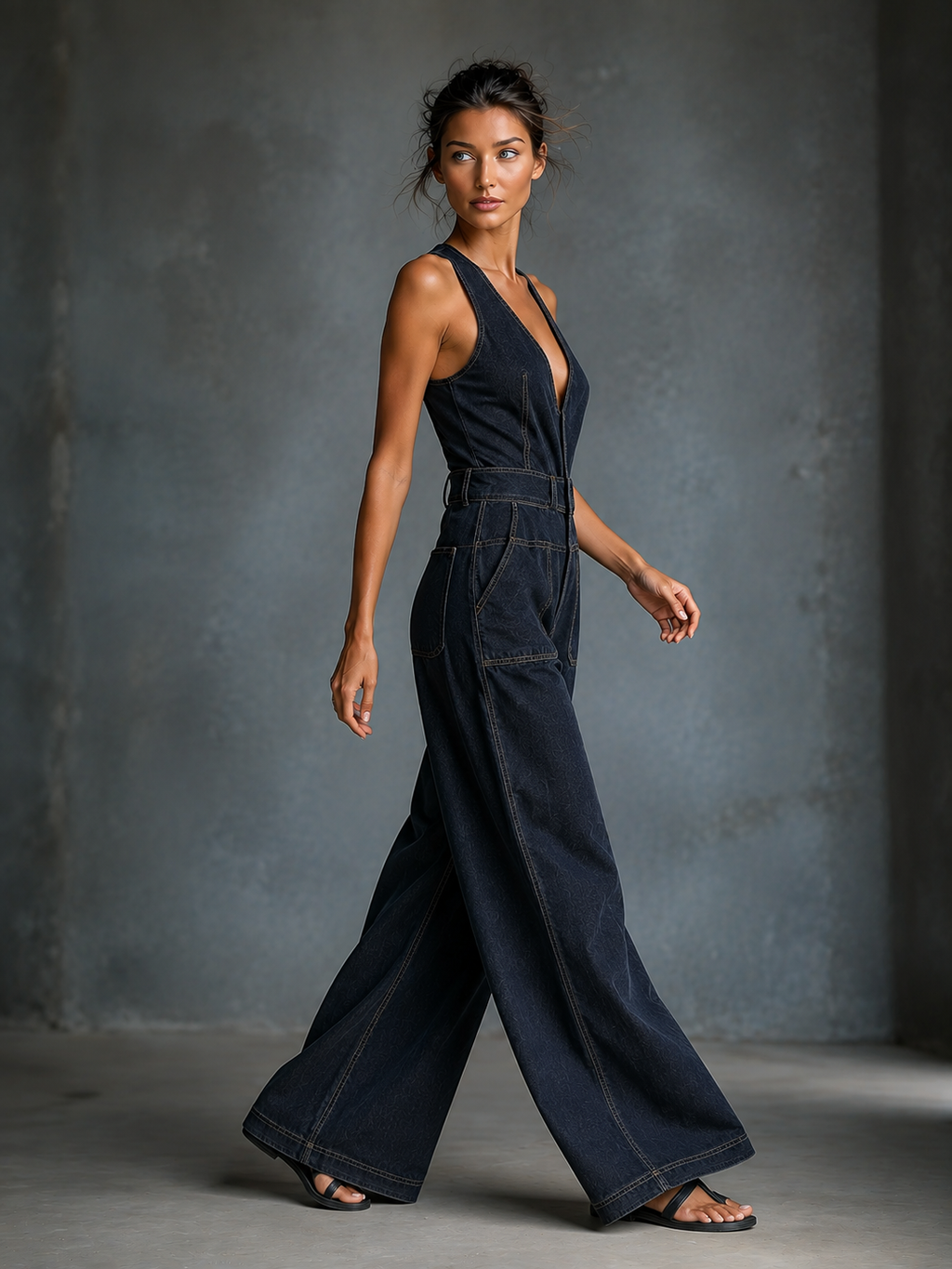 Women's Dark Blue Denim Overalls With Shoulder Straps MDA3014K1T