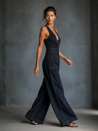 Women's Dark Blue Denim Overalls With Shoulder Straps MDA3014K1T