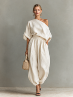 Cotton Linen Embroidered Top & White Trousers Set
