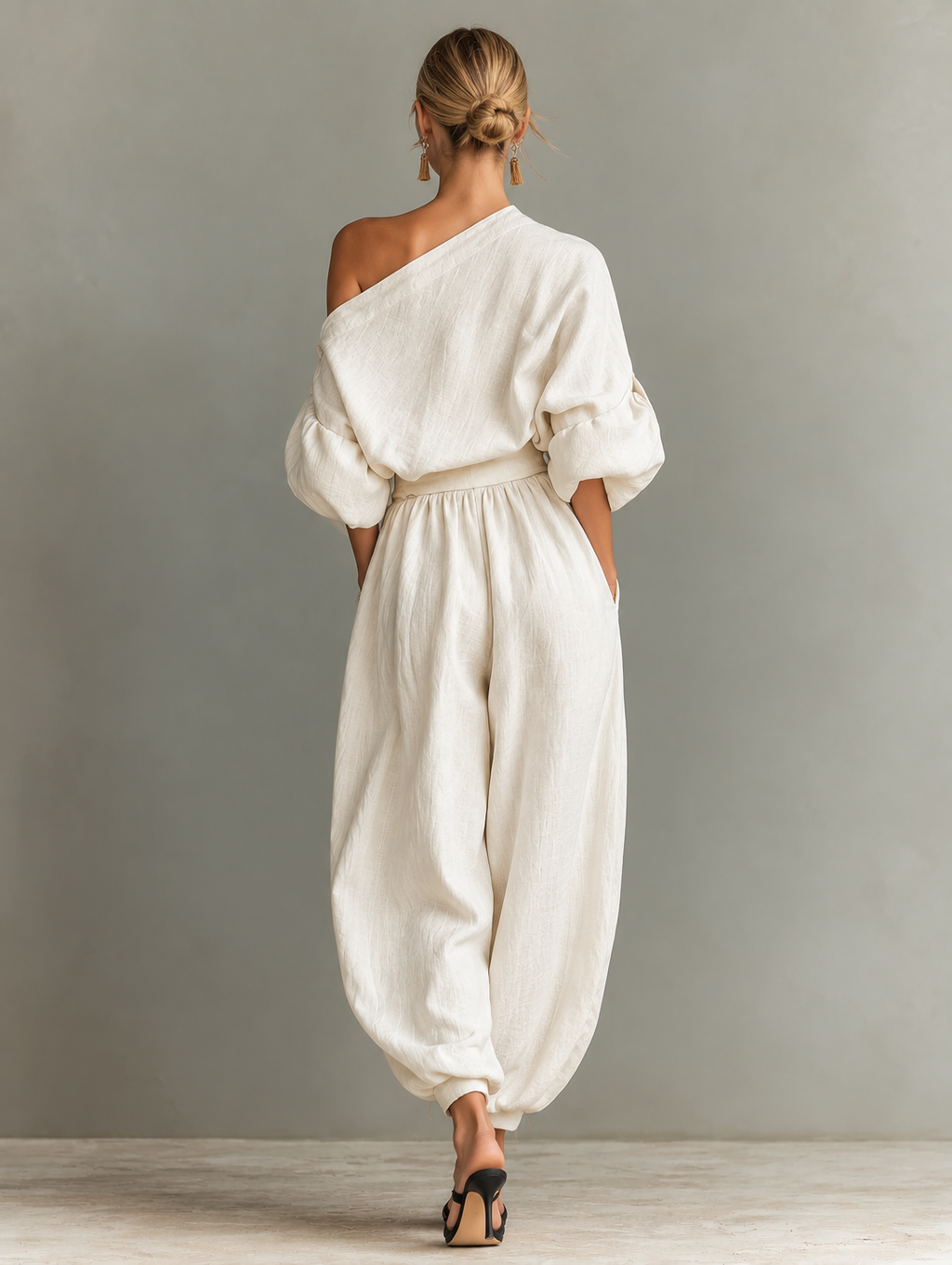 Cotton Linen Embroidered Top & White Trousers Set