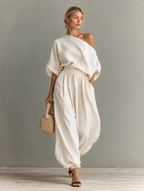 Cotton Linen Embroidered Top & White Trousers Set