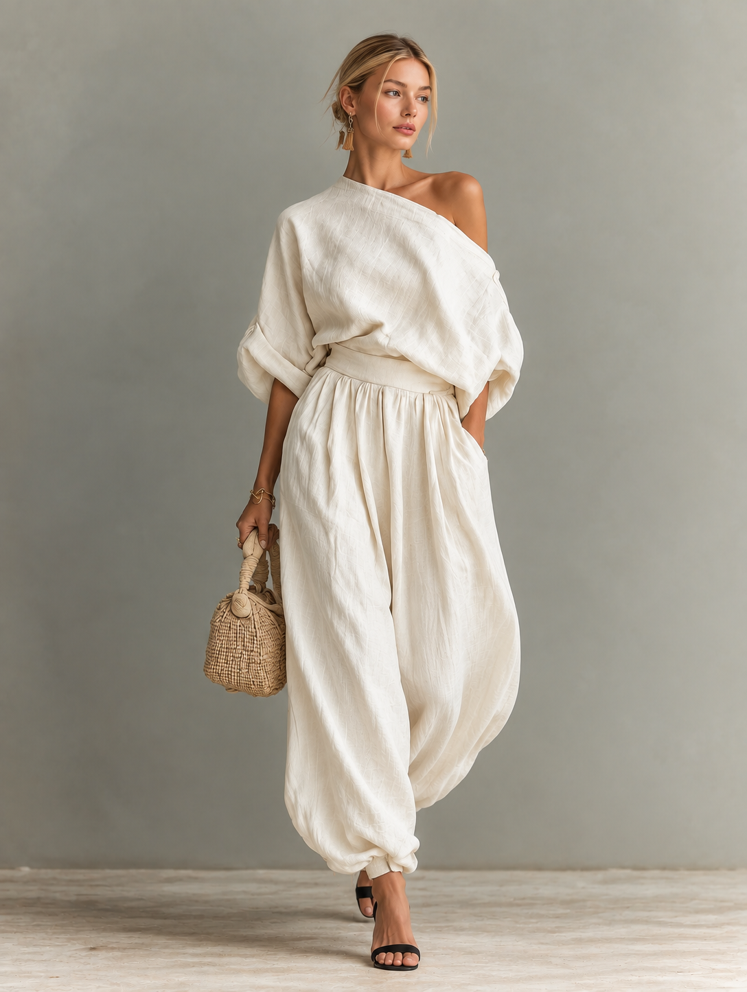 Cotton Linen Embroidered Top & White Trousers Set