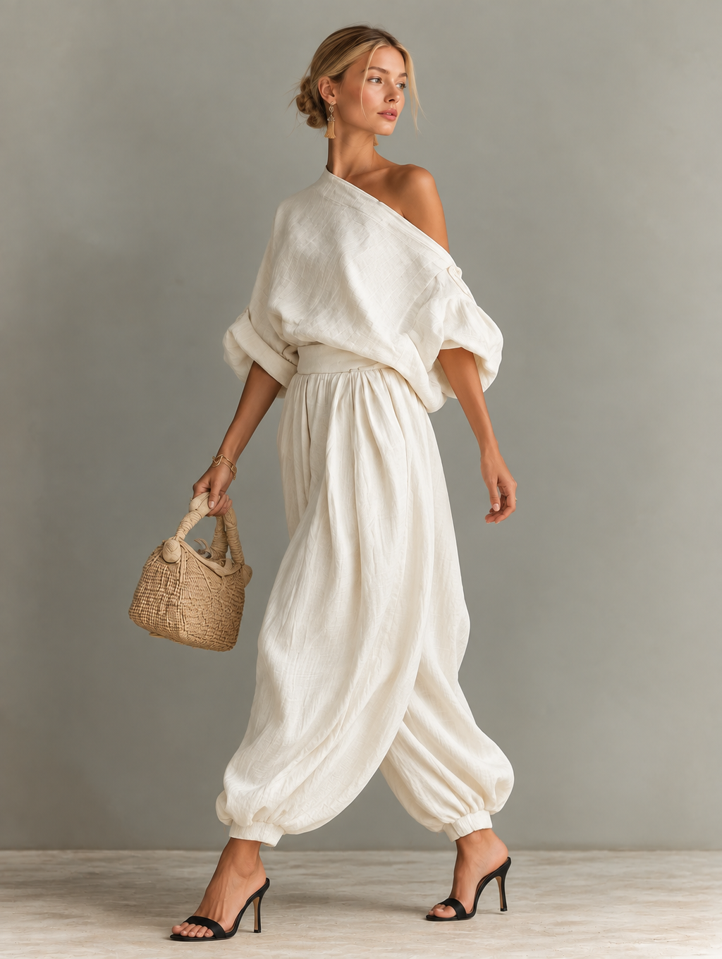 Cotton Linen Embroidered Top & White Trousers Set