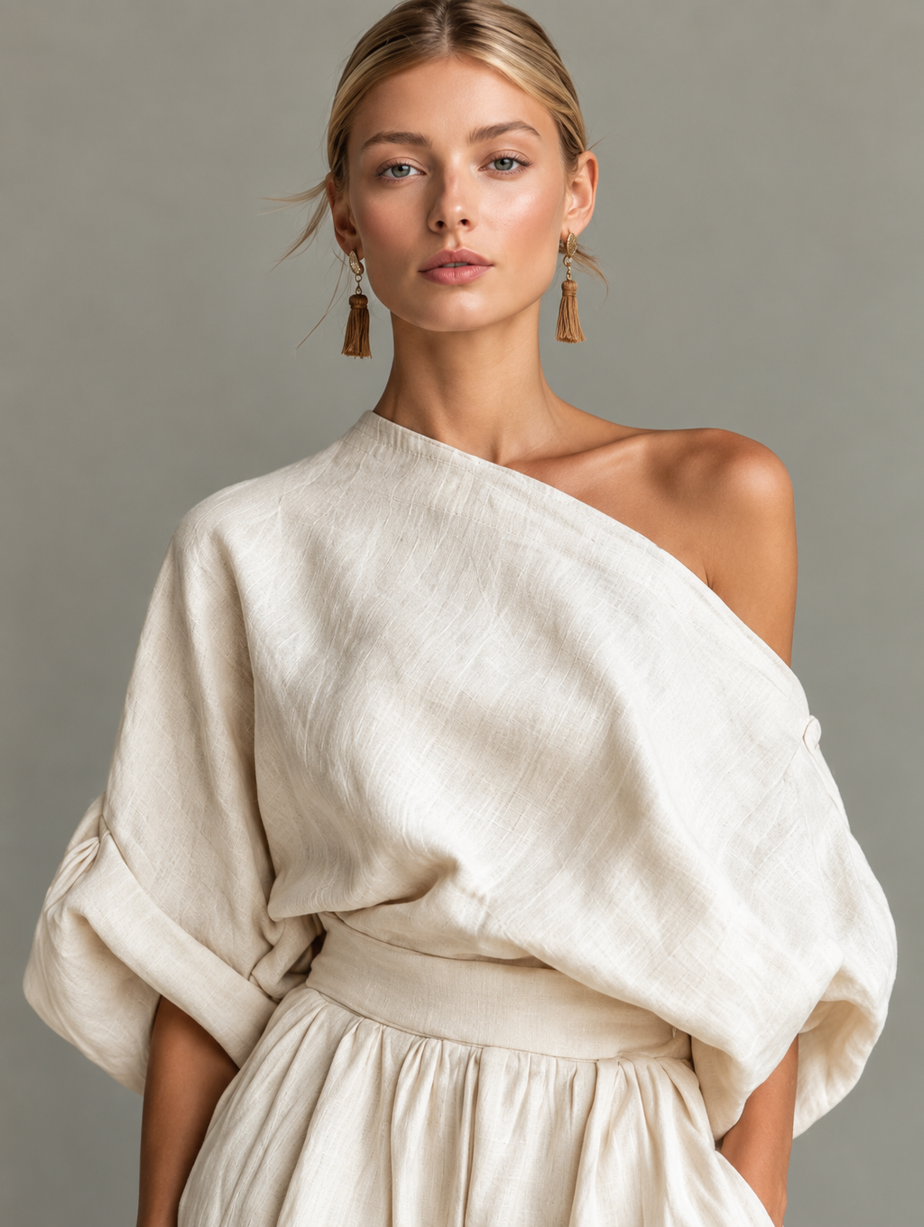 Cotton Linen Embroidered Top & White Trousers Set