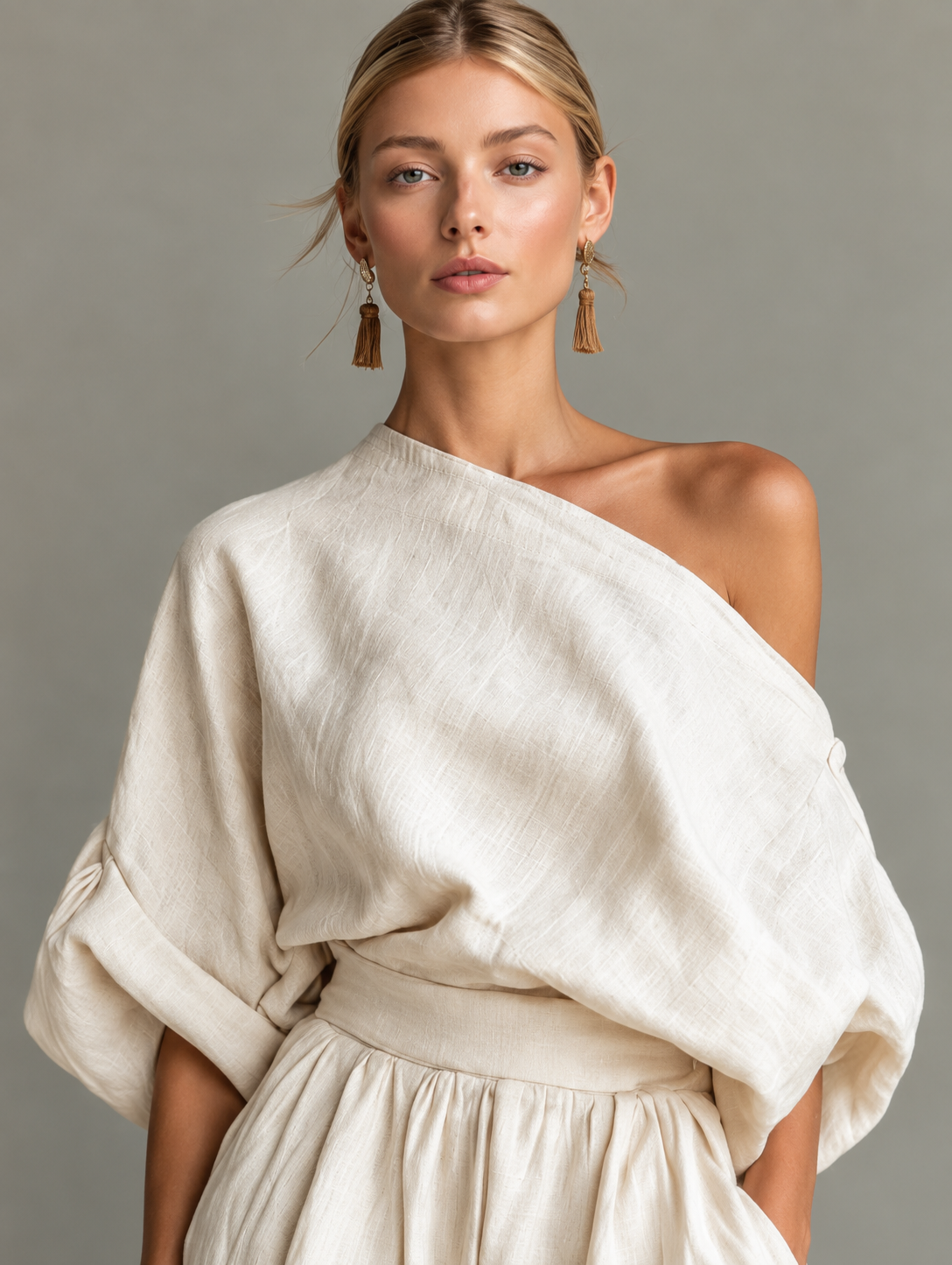 Cotton Linen Embroidered Top & White Trousers Set