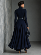 Women's Blue Knit Elegant High Neck Button Detail Maxi Dress MDA1183K0I