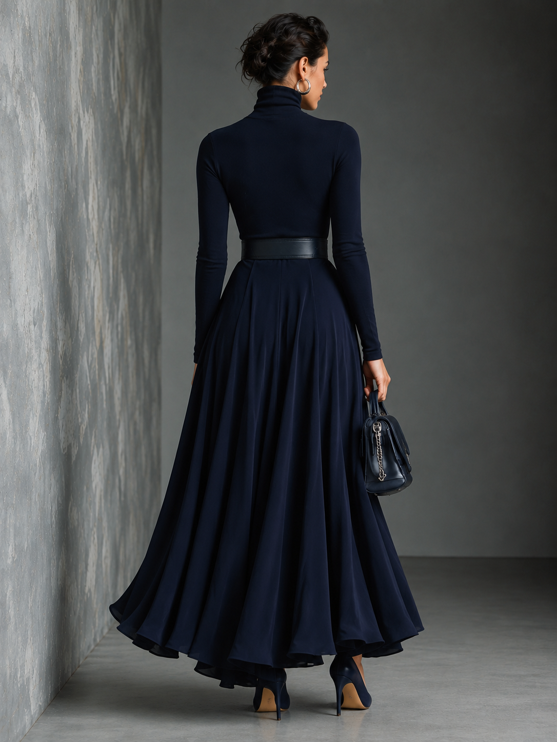 Women's Blue Knit Elegant High Neck Button Detail Maxi Dress MDA1183K0I