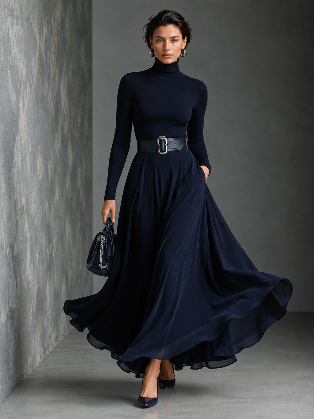Women's Blue Knit Elegant High Neck Button Detail Maxi Dress MDA1183K0I