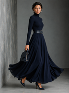 Women's Blue Knit Elegant High Neck Button Detail Maxi Dress MDA1183K0I
