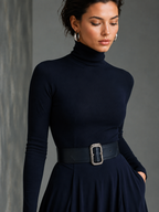 Women's Blue Knit Elegant High Neck Button Detail Maxi Dress MDA1183K0I