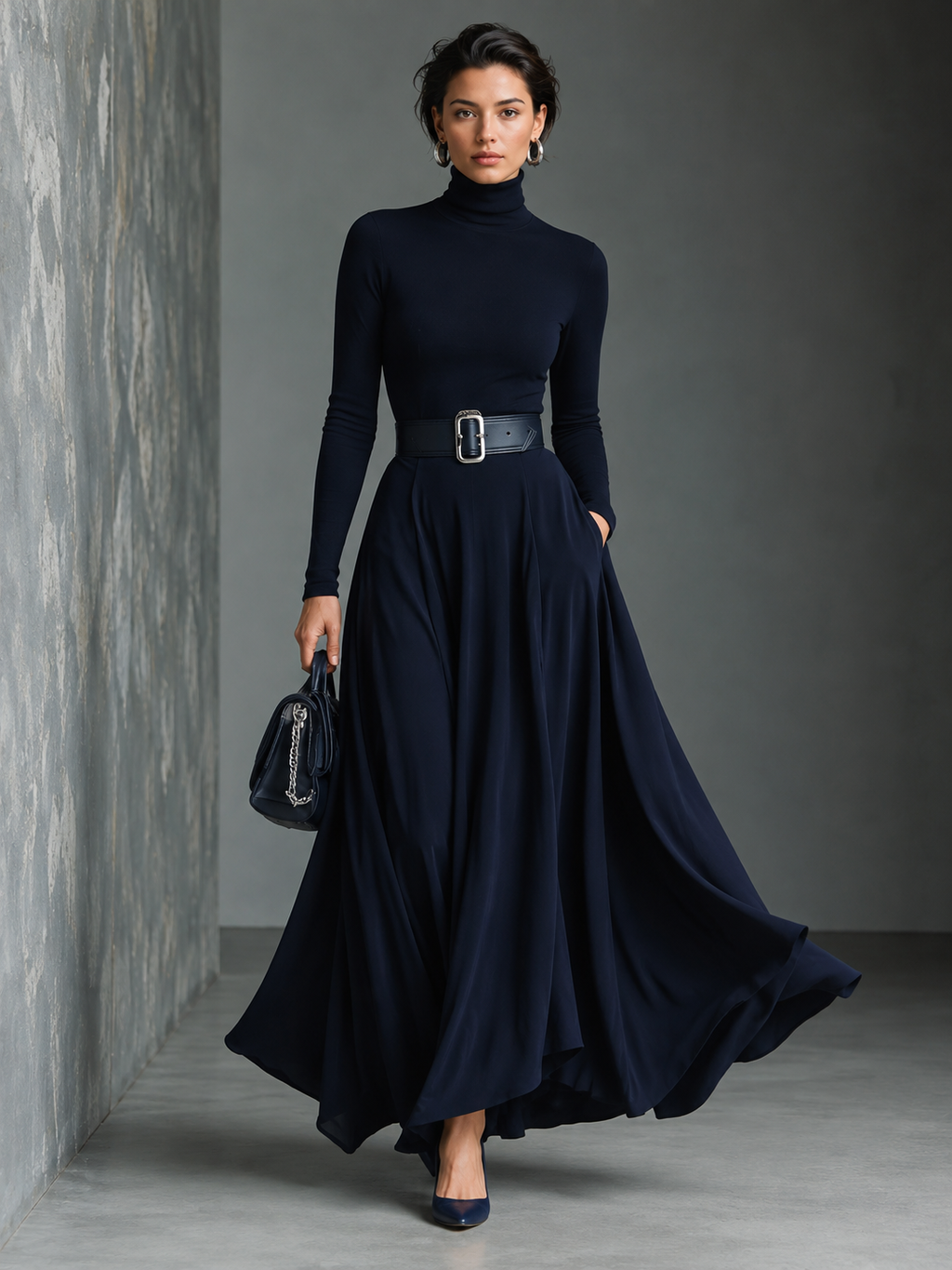 Women's Blue Knit Elegant High Neck Button Detail Maxi Dress MDA1183K0I