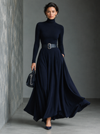 Women's Blue Knit Elegant High Neck Button Detail Maxi Dress MDA1183K0I
