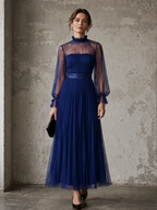 Blue Chiffon Lantern Sleeve High-Neck A-Line Dress