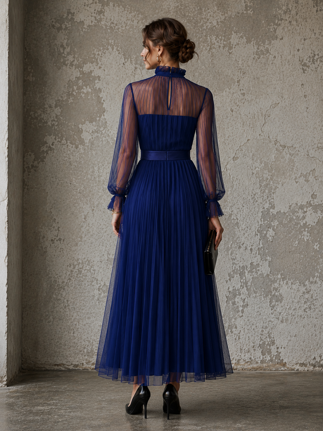 Blue Chiffon Lantern Sleeve High-Neck A-Line Dress