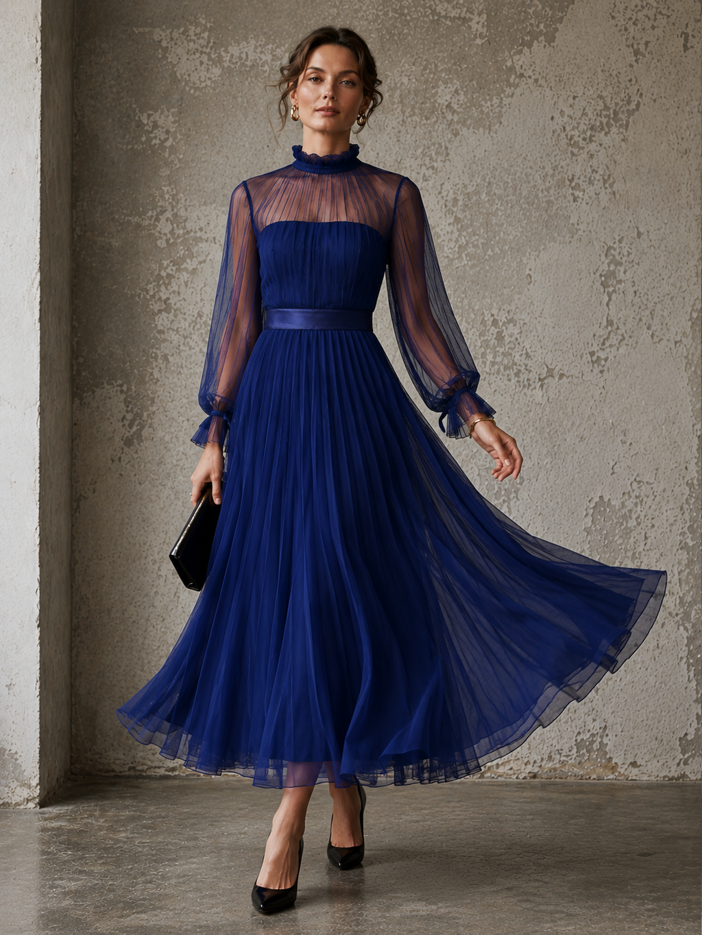Blue Chiffon Lantern Sleeve High-Neck A-Line Dress