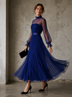 Blue Chiffon Lantern Sleeve High-Neck A-Line Dress